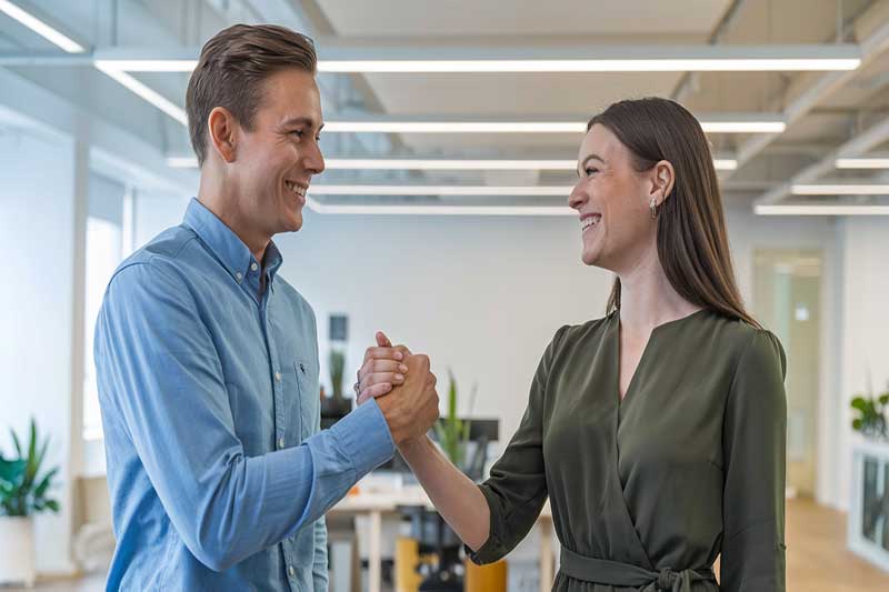 Two colleagues shaking hands in a modern office after resolving a conflict.